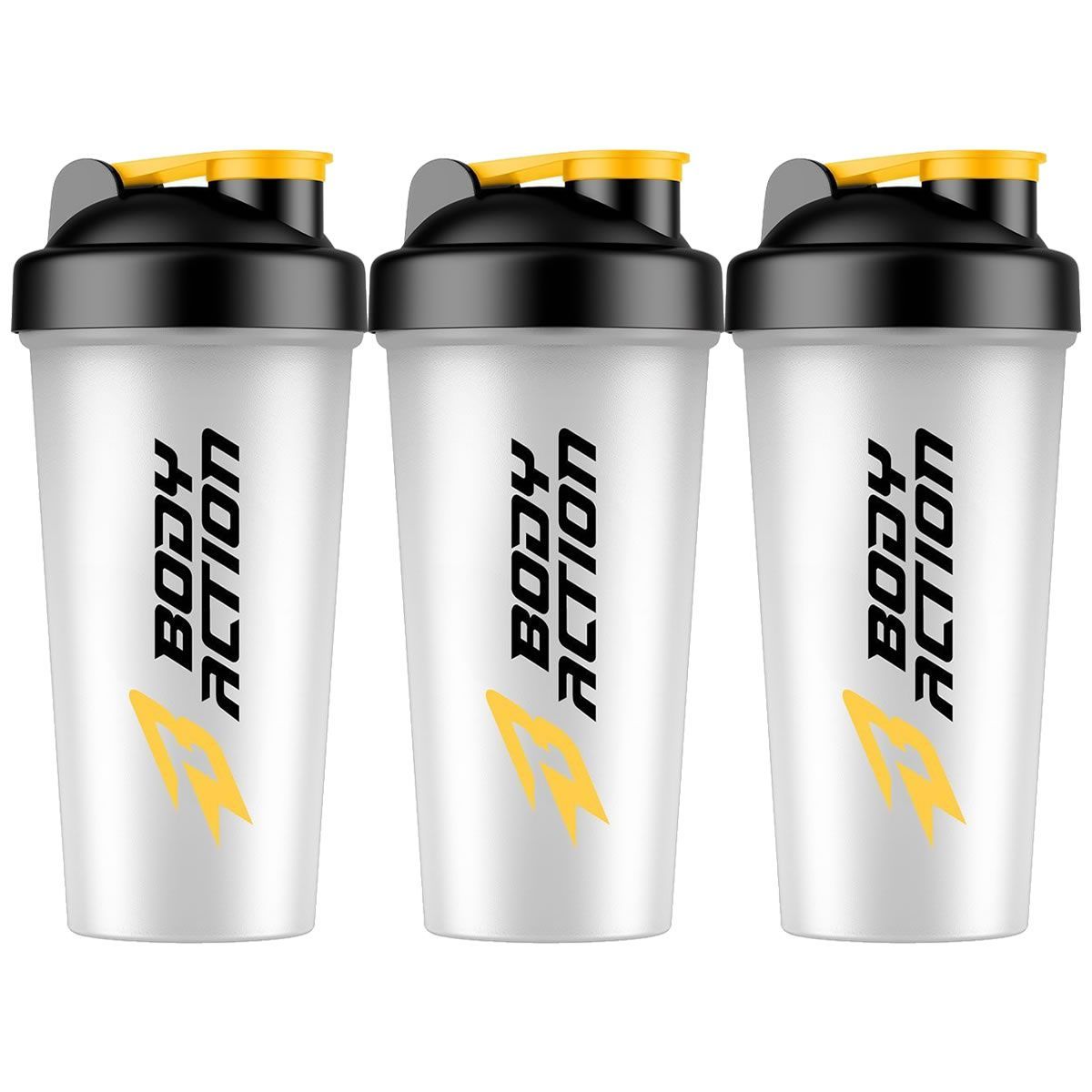 Kit 3X Coqueteleira - 600ml Preto/Amarelo- BodyAction