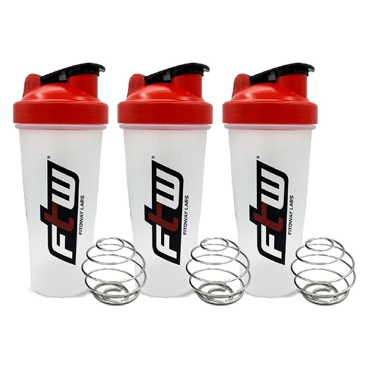 Kit 3X Coqueteleira com Blend - 600ml Transparente Tampa Vermelha - FTW