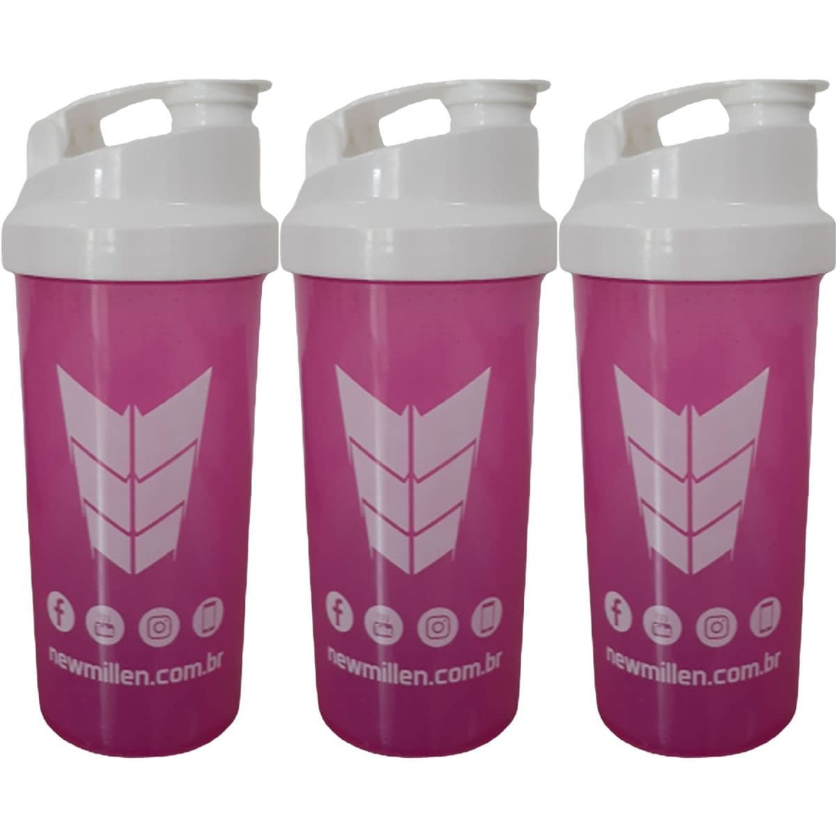 Kit 3X Coqueteleira Feminina - 600ml Rosa e Branco - New Millen