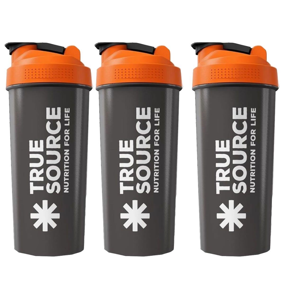 Kit 3X Coqueteleira Slim - 600ml  Preta e Laranja - True Source