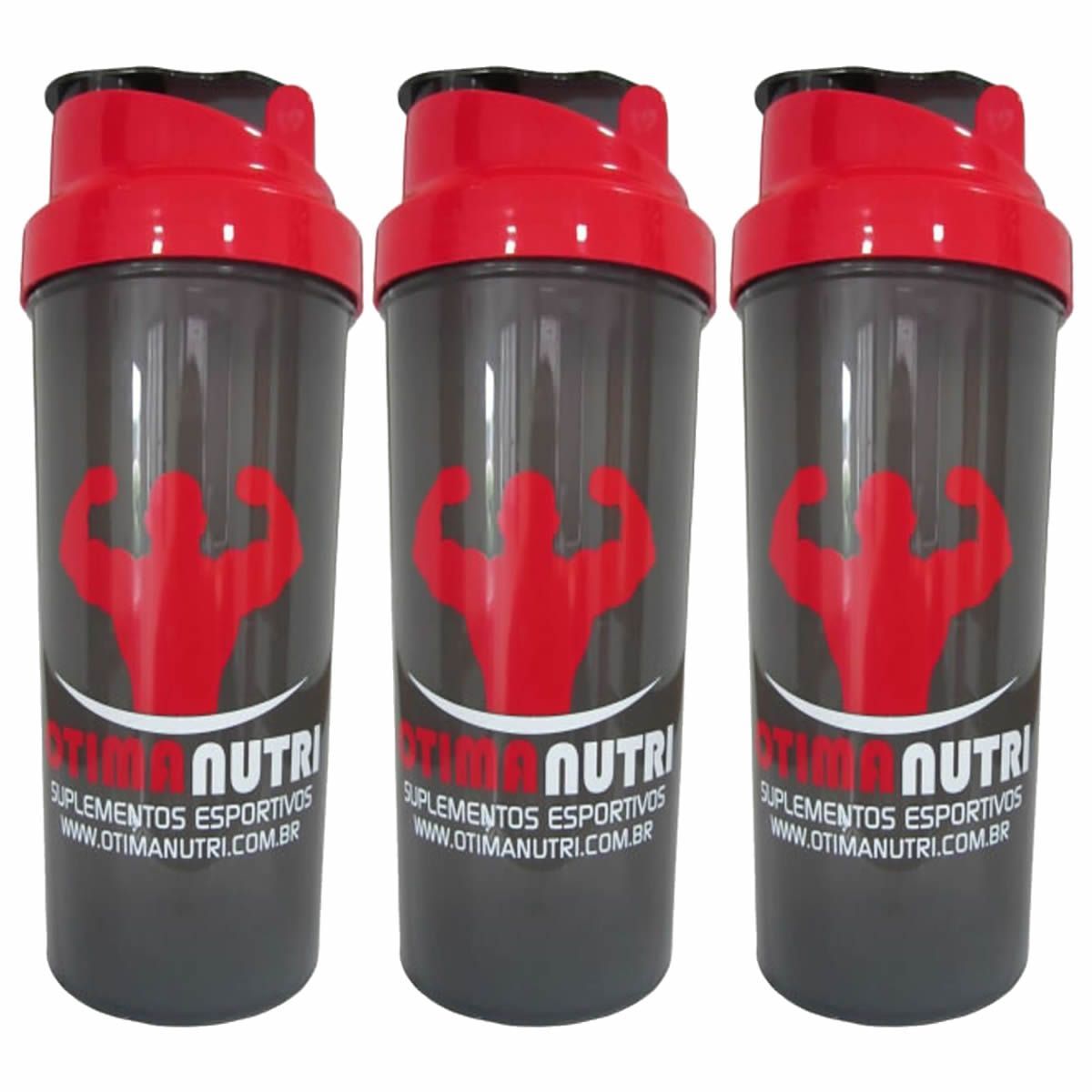 Kit 3X Coqueteleira Slim - 600ml Preto Tampa Vermelha - OtimaNutri