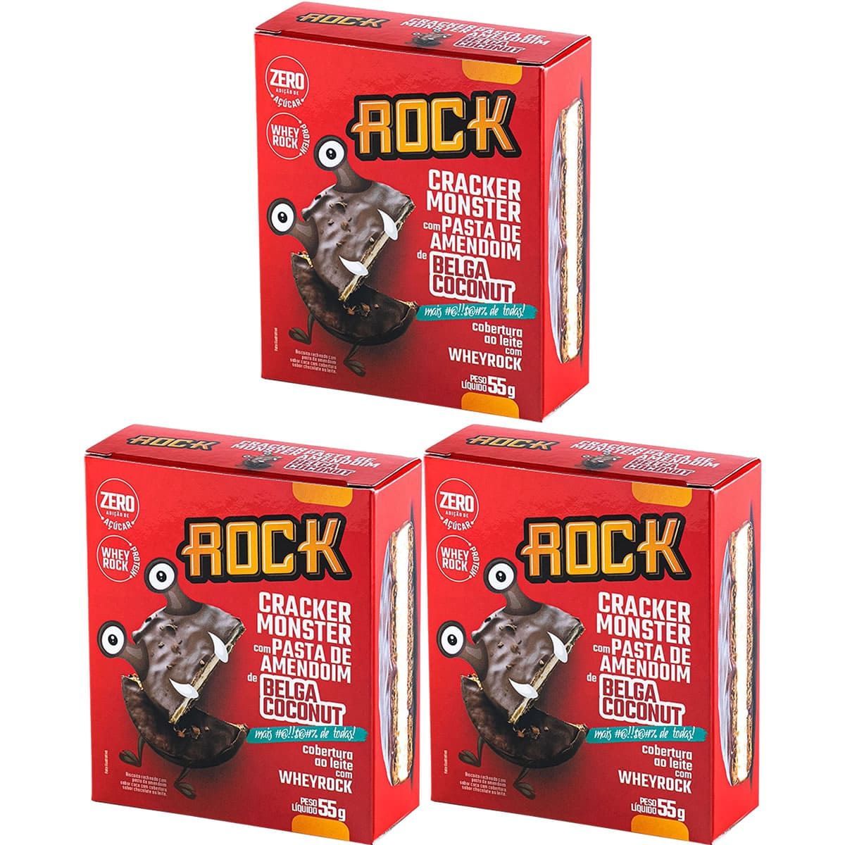 Kit 3X Cracker Monster Com Pasta De Amendoim - 55g Belga Coconut - Rock Peanut