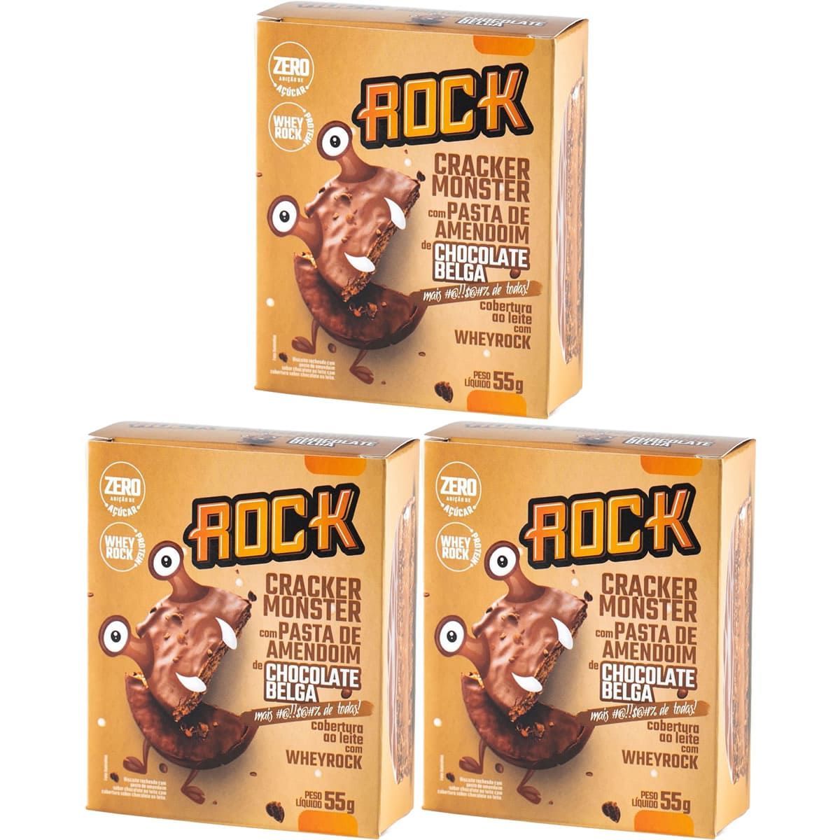 Kit 3X Cracker Monster Com Pasta De Amendoim - 55g Chocolate Belga - Rock Peanut