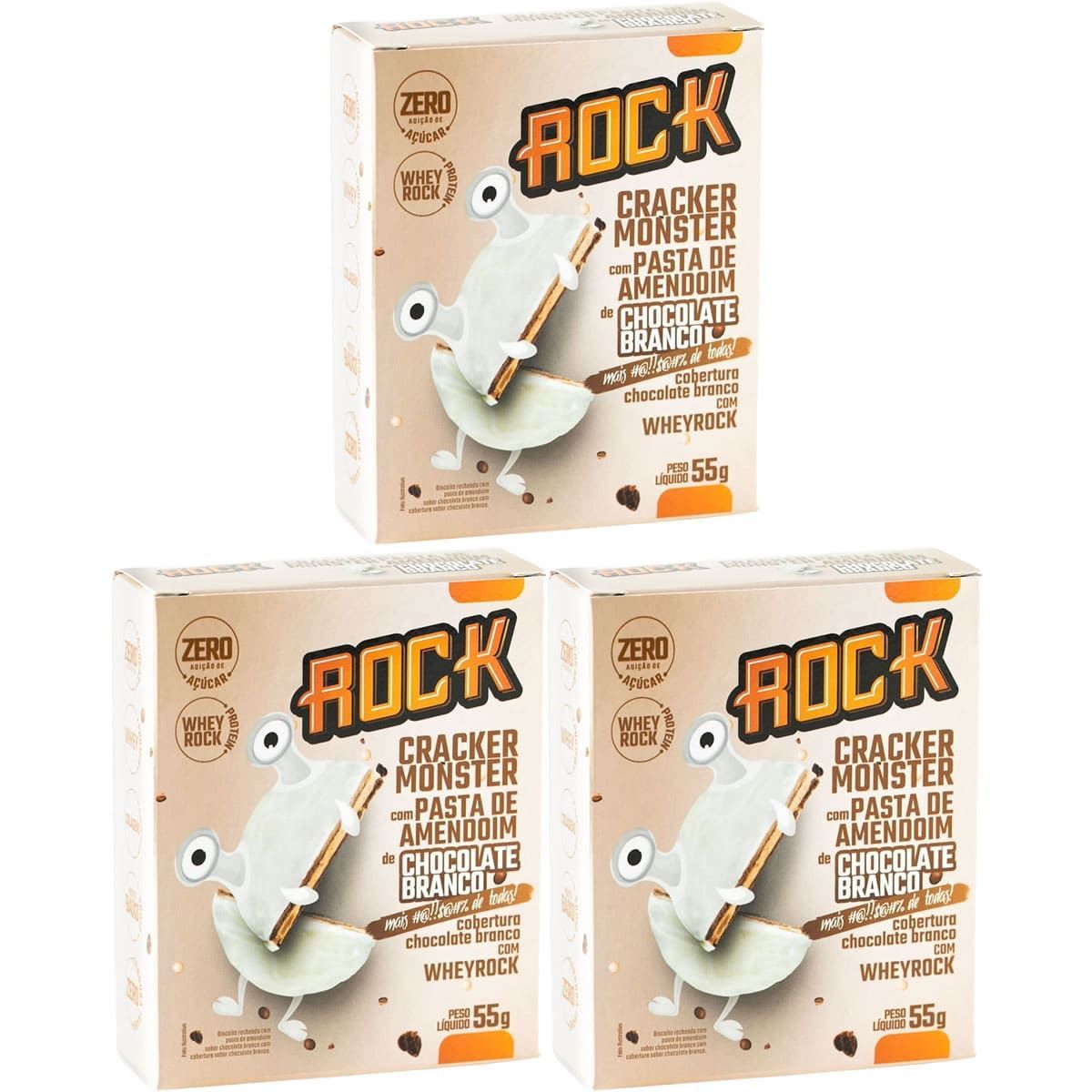 Kit 3X Cracker Monster Com Pasta De Amendoim - 55g Chocolate Branco - Rock Peanut