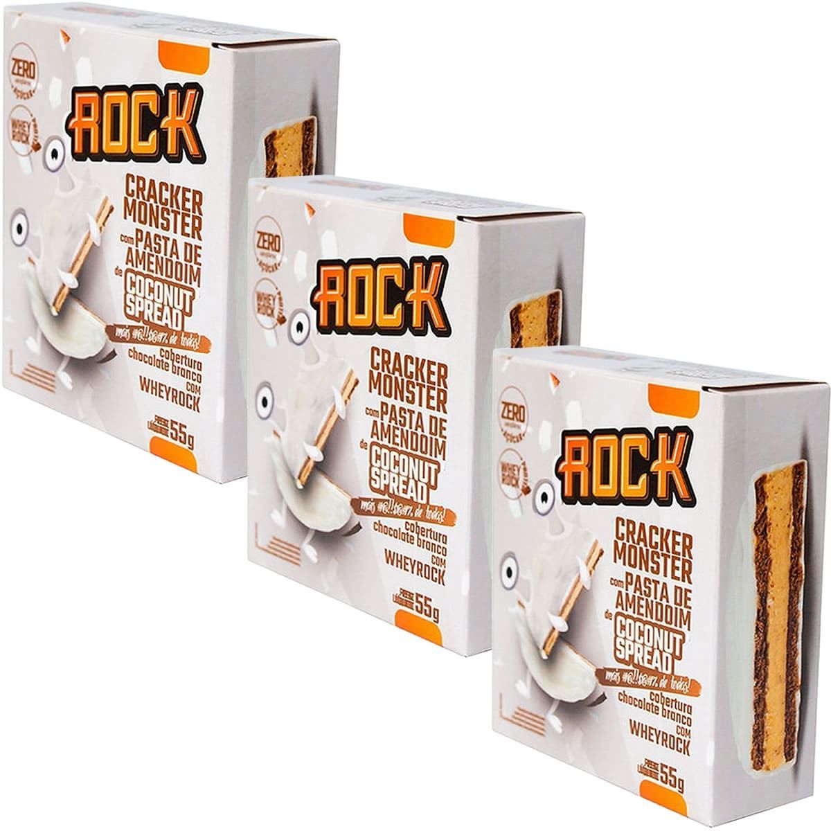 Kit 3X Cracker Monster Com Pasta De Amendoim - 55g Coconut Spread - Rock Peanut