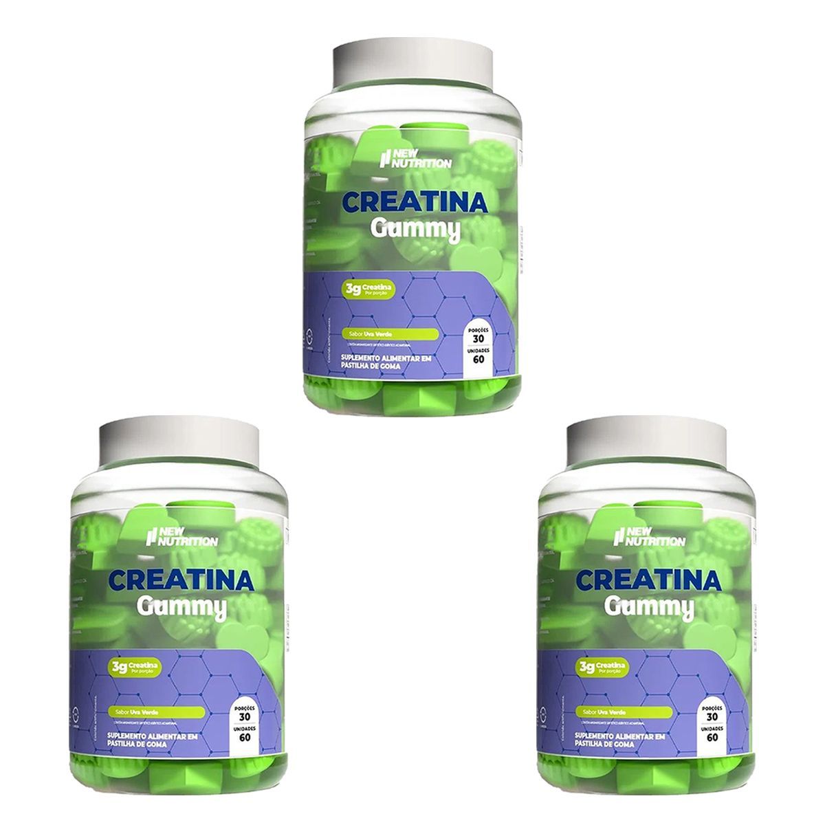 Kit 3X Creatina Gummy - 60 Gomas Uva Verde -  Newnutrition