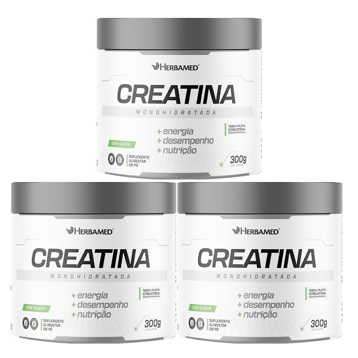 Kit 3X Creatina Monohidratada - 300g Sem Sabor - Herbamed