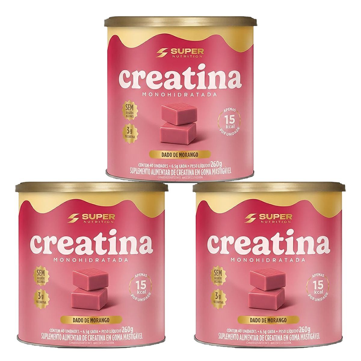 Kit 3X Creatina Monohidratada - 40 Dados 6,5g Caramelo de Morango - Desinch�