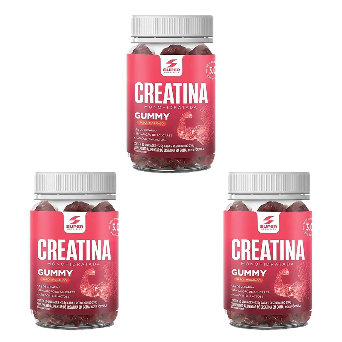 Kit 3X Creatina Monohidratada Gummy - 60 Gomas 3,5g Morango - Desinch�