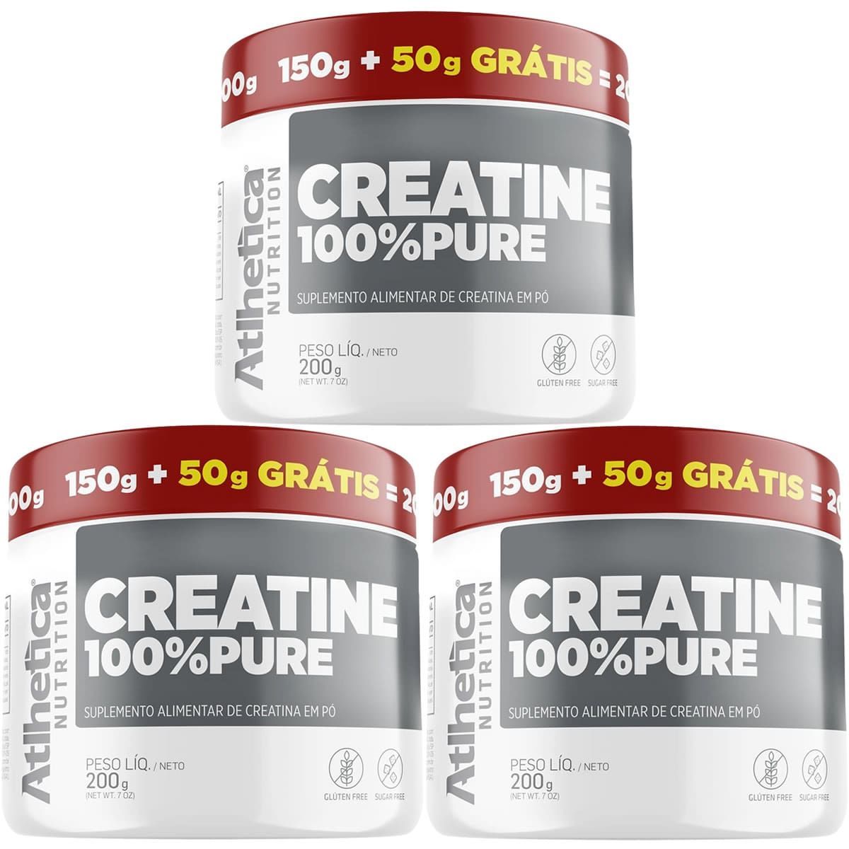 Kit 3X Creatine 100% Pure - 200g (150g + 50g Gr�tis) Natural - Atlhetica Nutrition