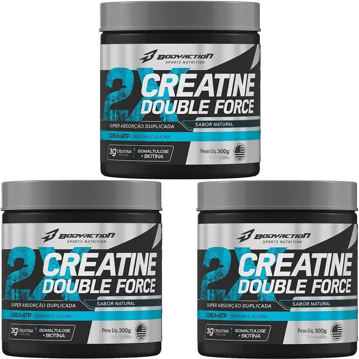 Kit 3X Creatine Double Force - 300g Natural - BodyAction