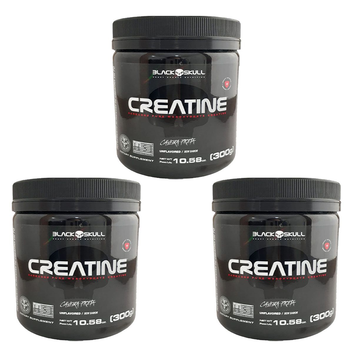 Kit 3X Creatine Monohidratada - 300g Sem Sabor  - Black Skull