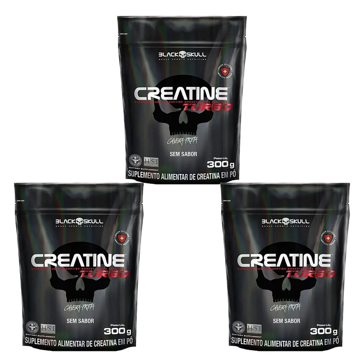 Kit 3X Creatine Turbo Monohidratada - 300g Refil Sem Sabor - Black Skull