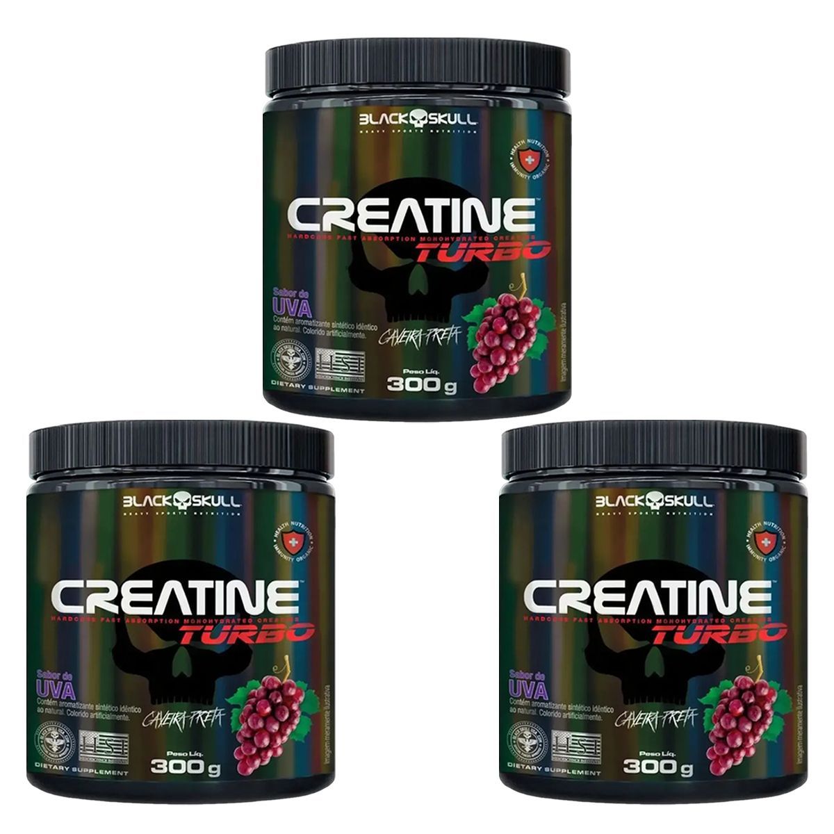 Kit 3X Creatine Turbo Monohidratada - 300g Uva - Black Skull