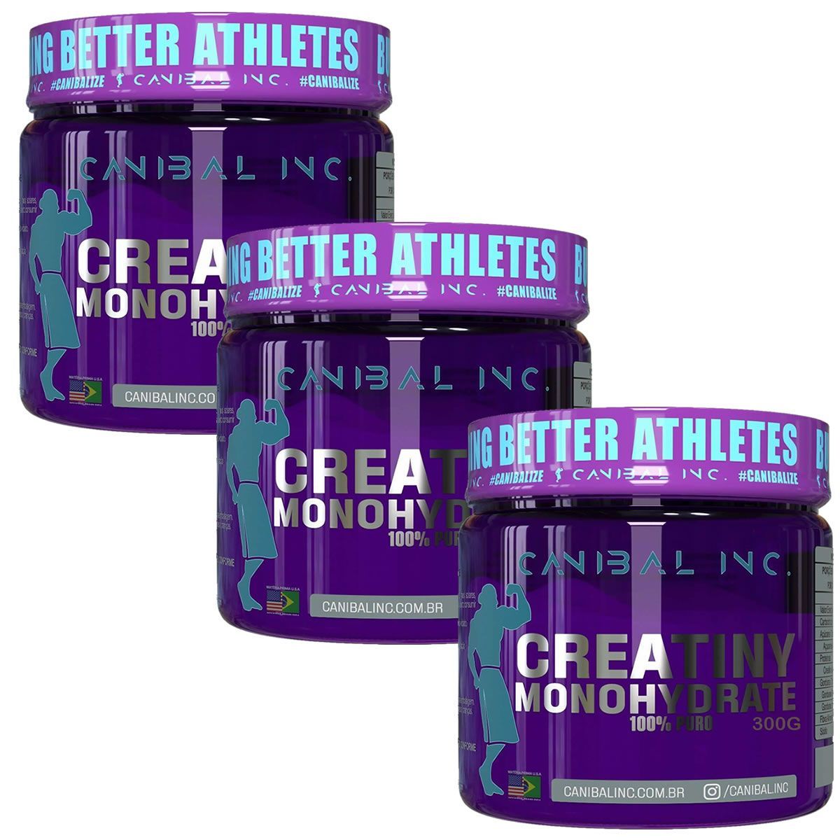 Kit 3X Creatiny Monohydrate - 300g Sem Sabor - Canibal