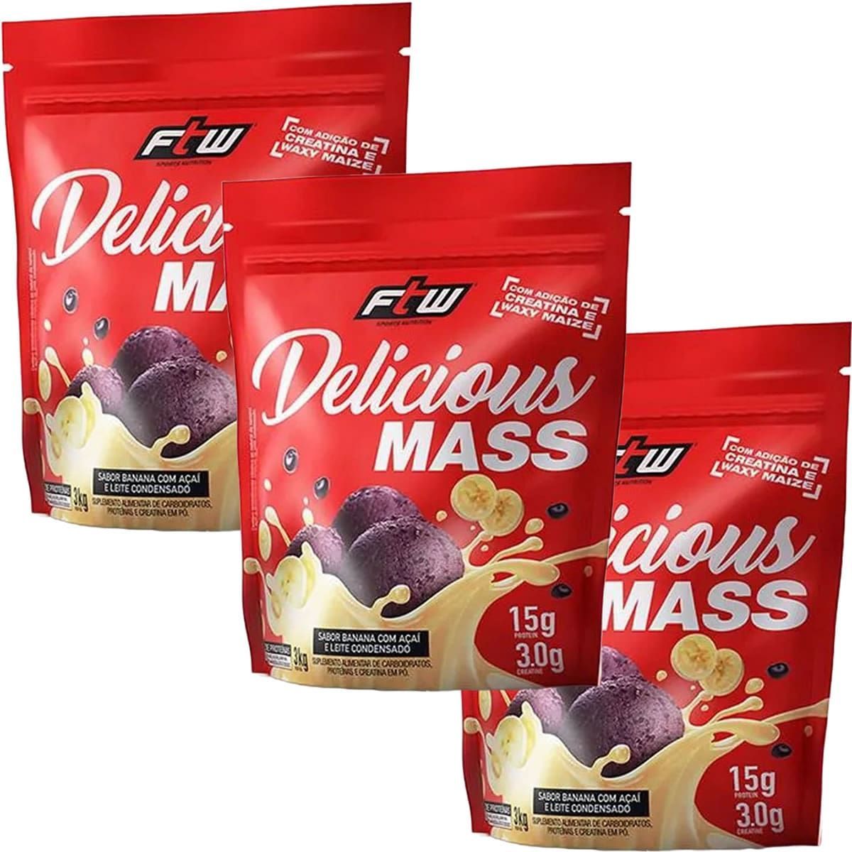 Kit 3X Delicious Mass - 3000g Refil Banana com A�a� e Leite Condensado - FTW