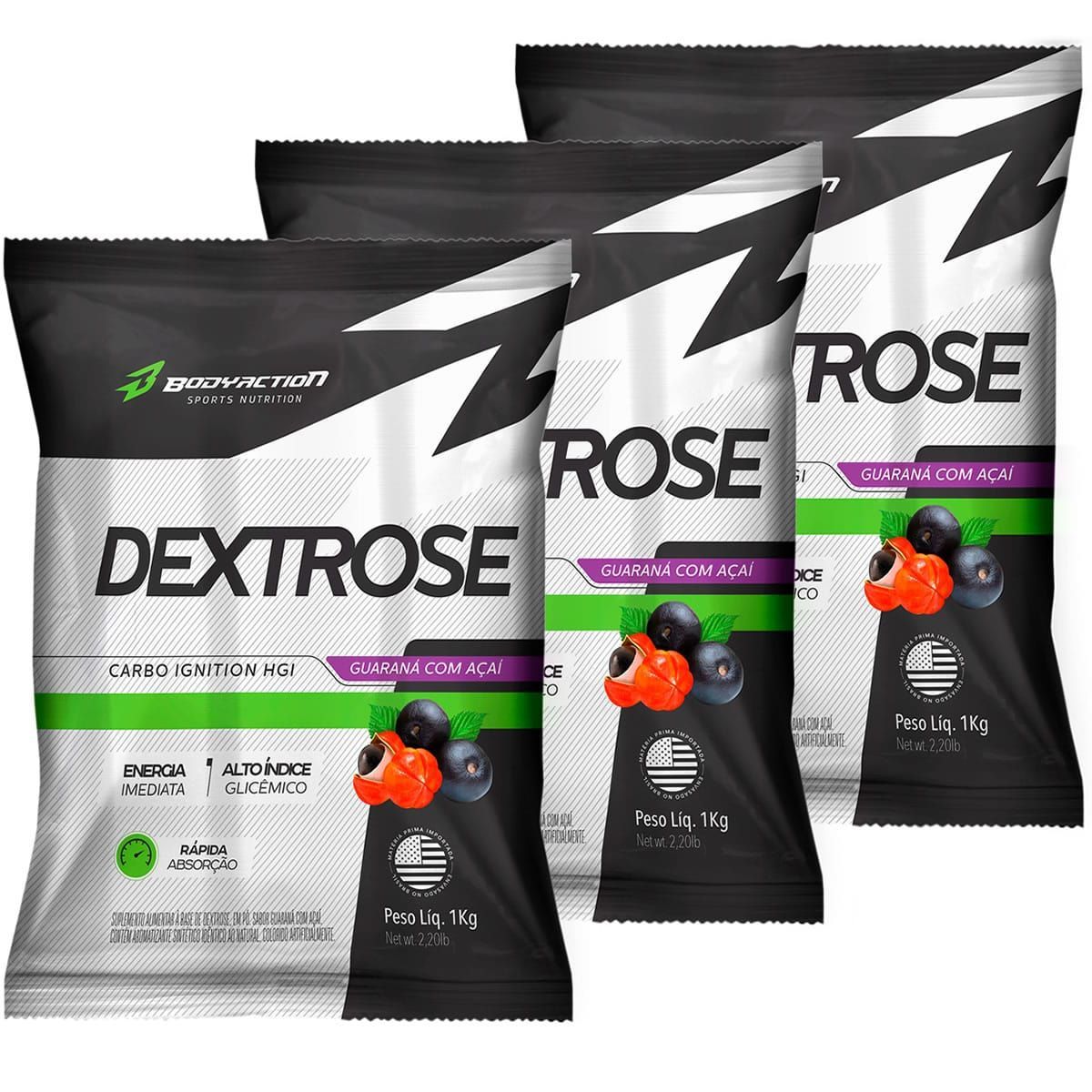Kit 3X Dextrox (Dextrose) - 1 Kg Guaran� com Aca� - BodyAction