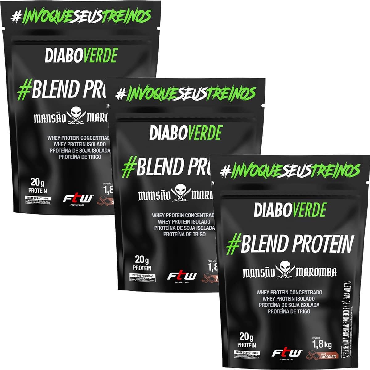 Kit 3X Diabo Verde Blend Protein Mans�o Maromba - 1800g Refil Chocolate - FTW