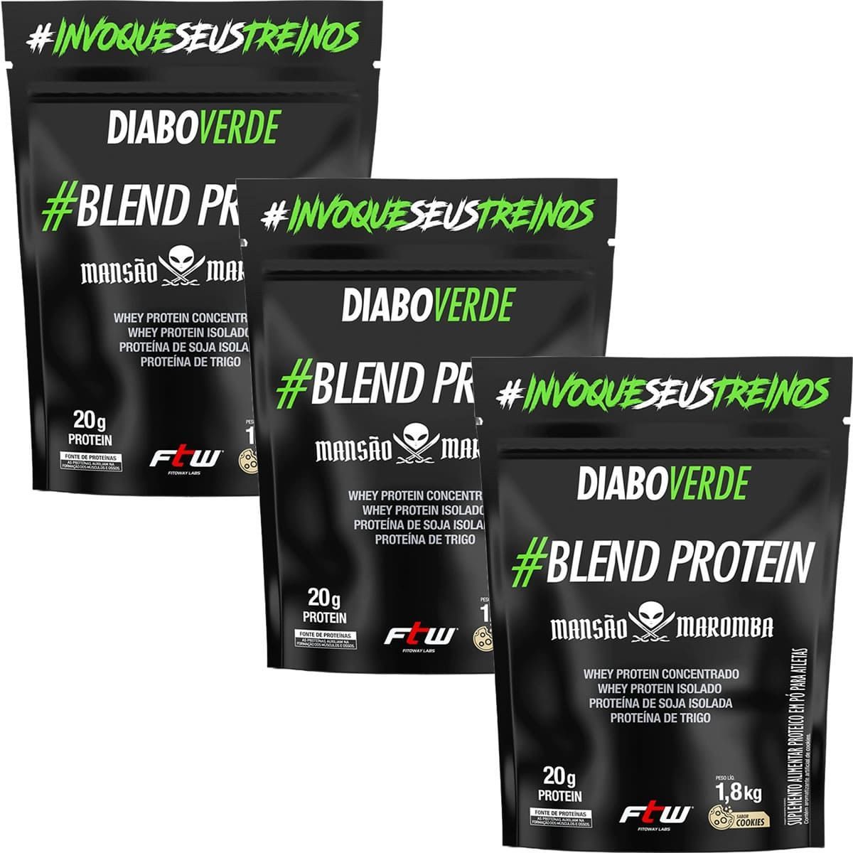Kit 3X Diabo Verde Blend Protein Mans�o Maromba - 1800g Refil Cookies - FTW