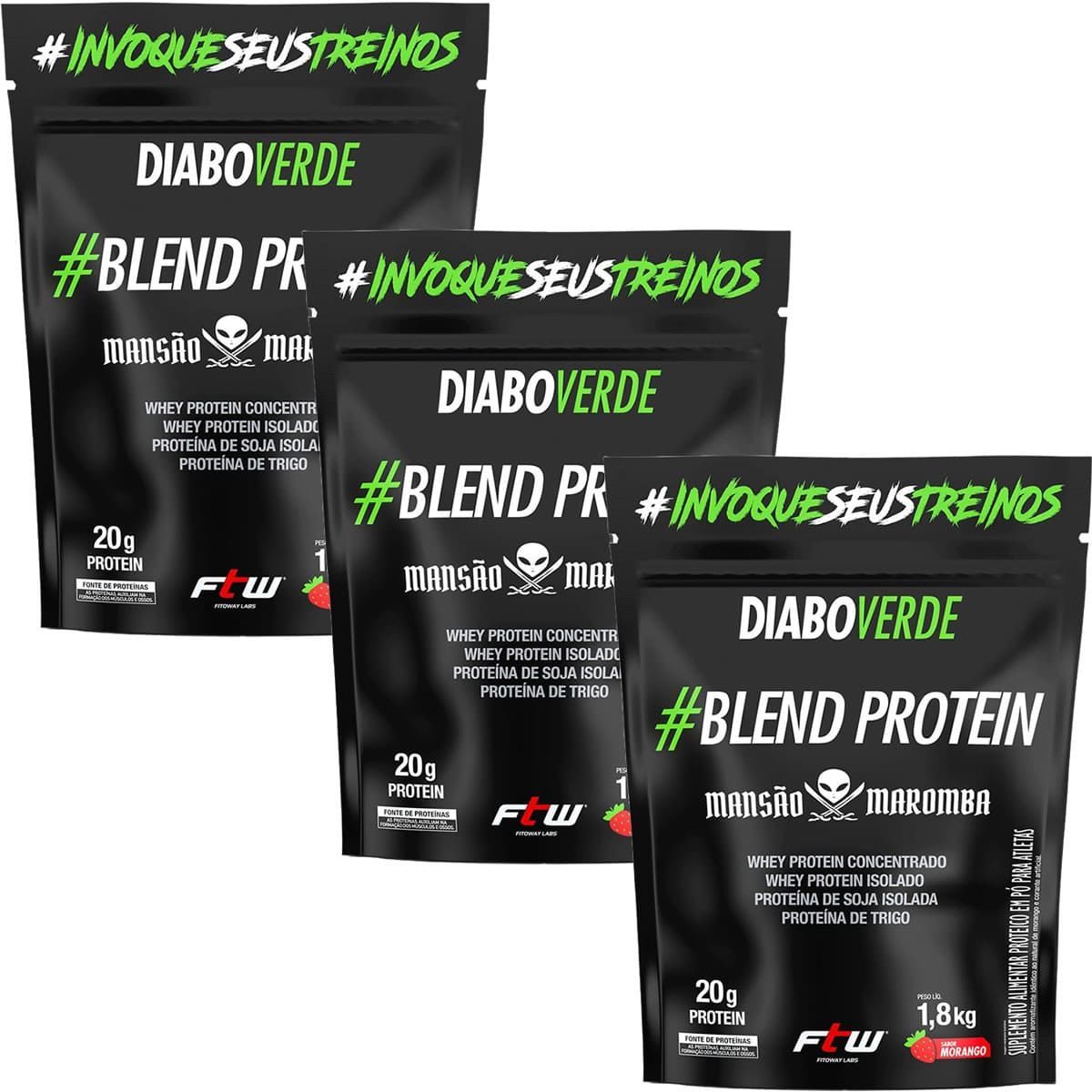 Kit 3X Diabo Verde Blend Protein Mans�o Maromba - 1800g Refil Morango - FTW