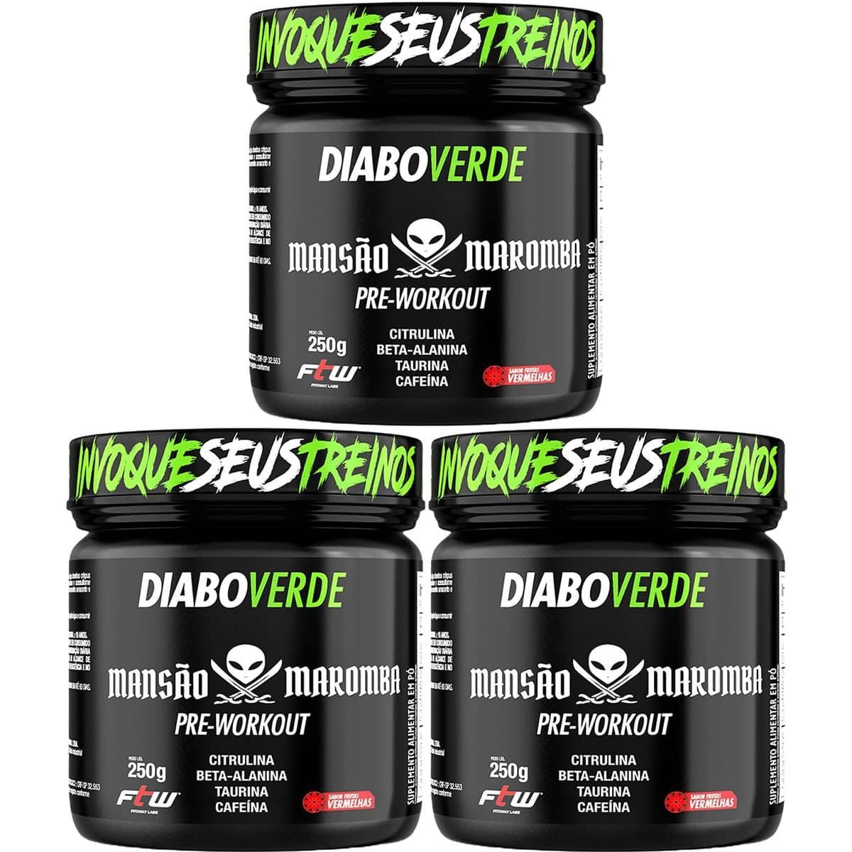 Kit 3X Diabo Verde Pre-Workout Mans�o Maromba - 250g Frutas Vermelhas - FTW