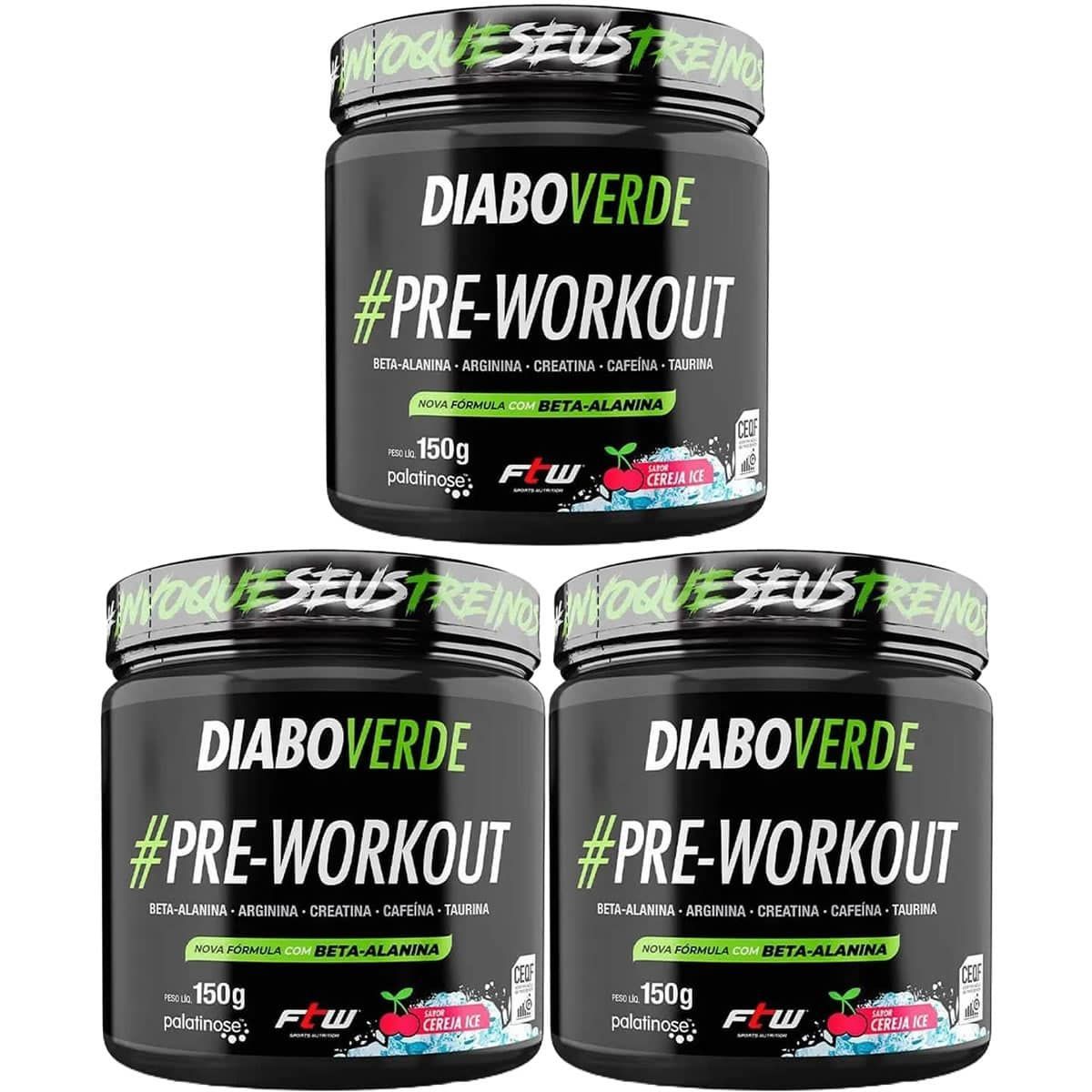 Kit 3X Diabo Verde Pre - Workout Nova F�rmula- 150g Cereja Ice - FTW