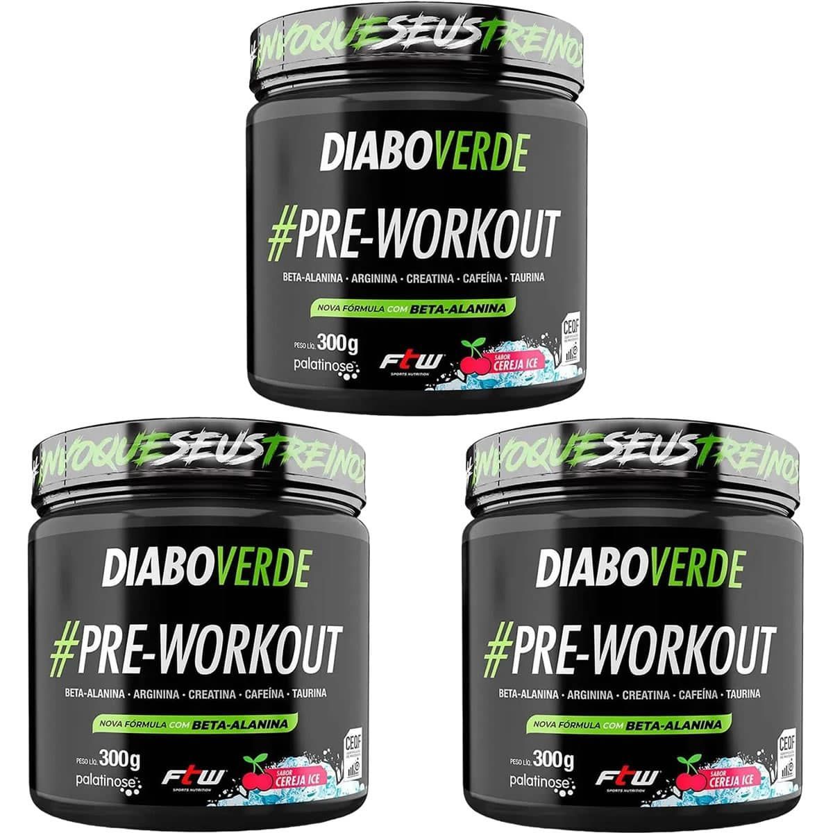 Kit 3X Diabo Verde Pre - Workout Nova F�rmula- 300g Cereja Ice - FTW
