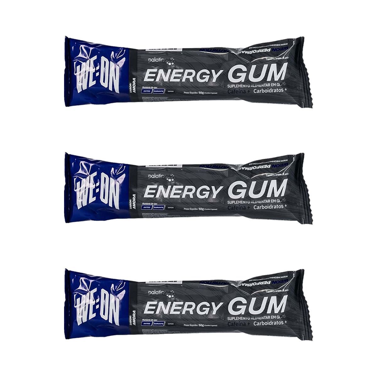 Kit 3X Energy Gum Cafeina + Palatinose - 1 Unidade 50g Amora - WE:ON