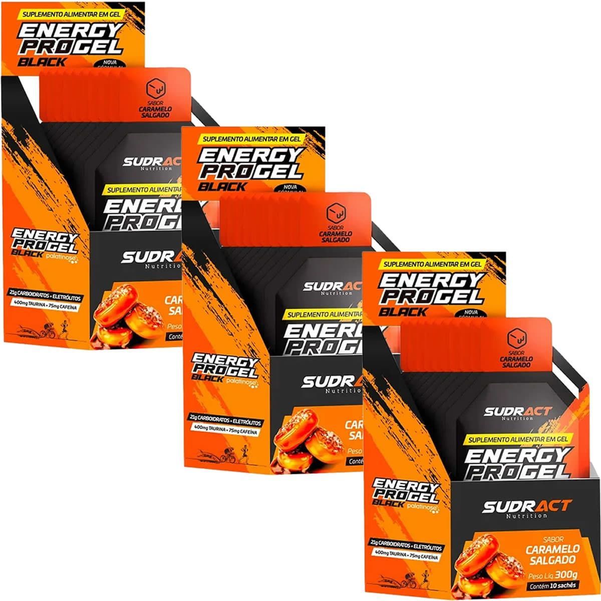 Kit 3X Energy Pro Gel Black - 10 Sach�s 30g Caramelo Salgado - Sudract Nutrition