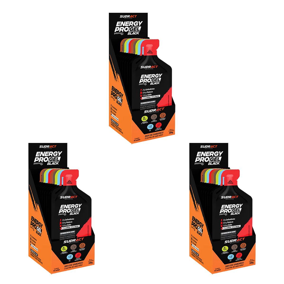 Kit 3X Energy Pro Gel Black - 10 Sach�s 30g Sabores Diversos - Sudract Nutrition