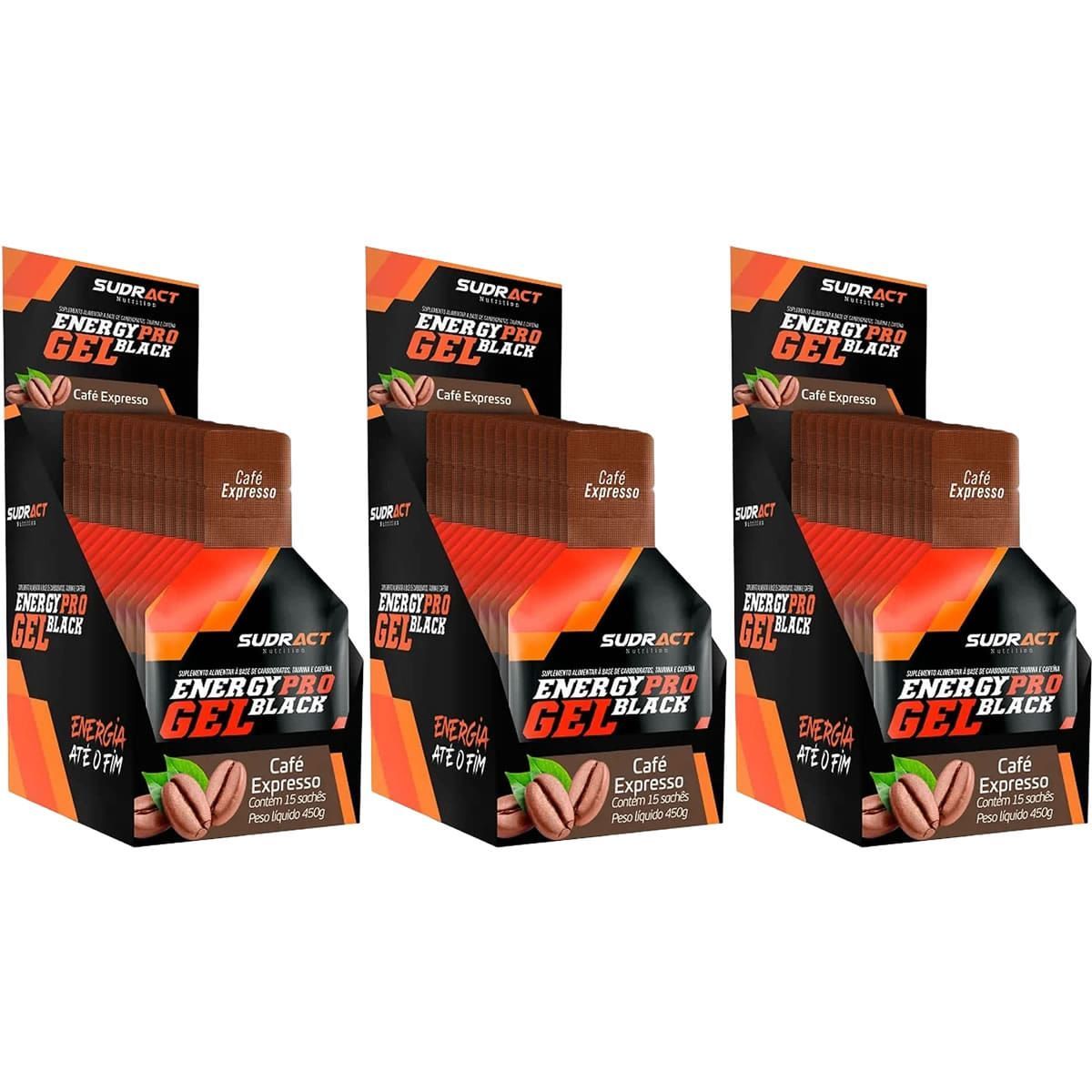 Kit 3X Energy Pro Gel Black - 15 Sach�s 30g Caf� Expresso - Sudract Nutrition