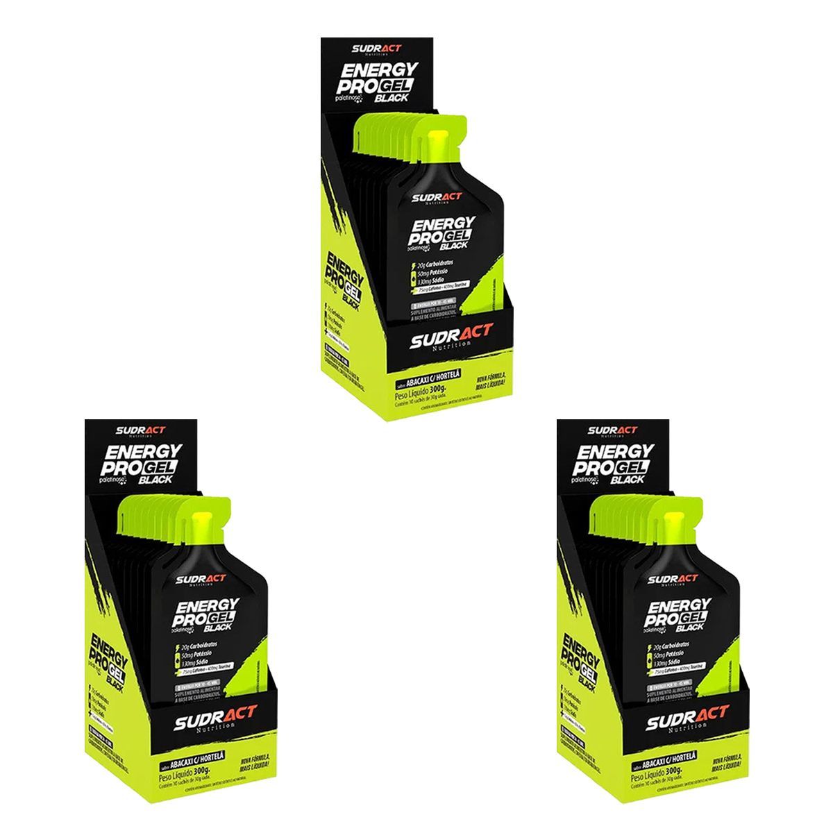 Kit 3X Energy Pro Gel Black - Caixa com 10 sach�s de 30g Abacaxi com Hortel� - Sudract Nutrition