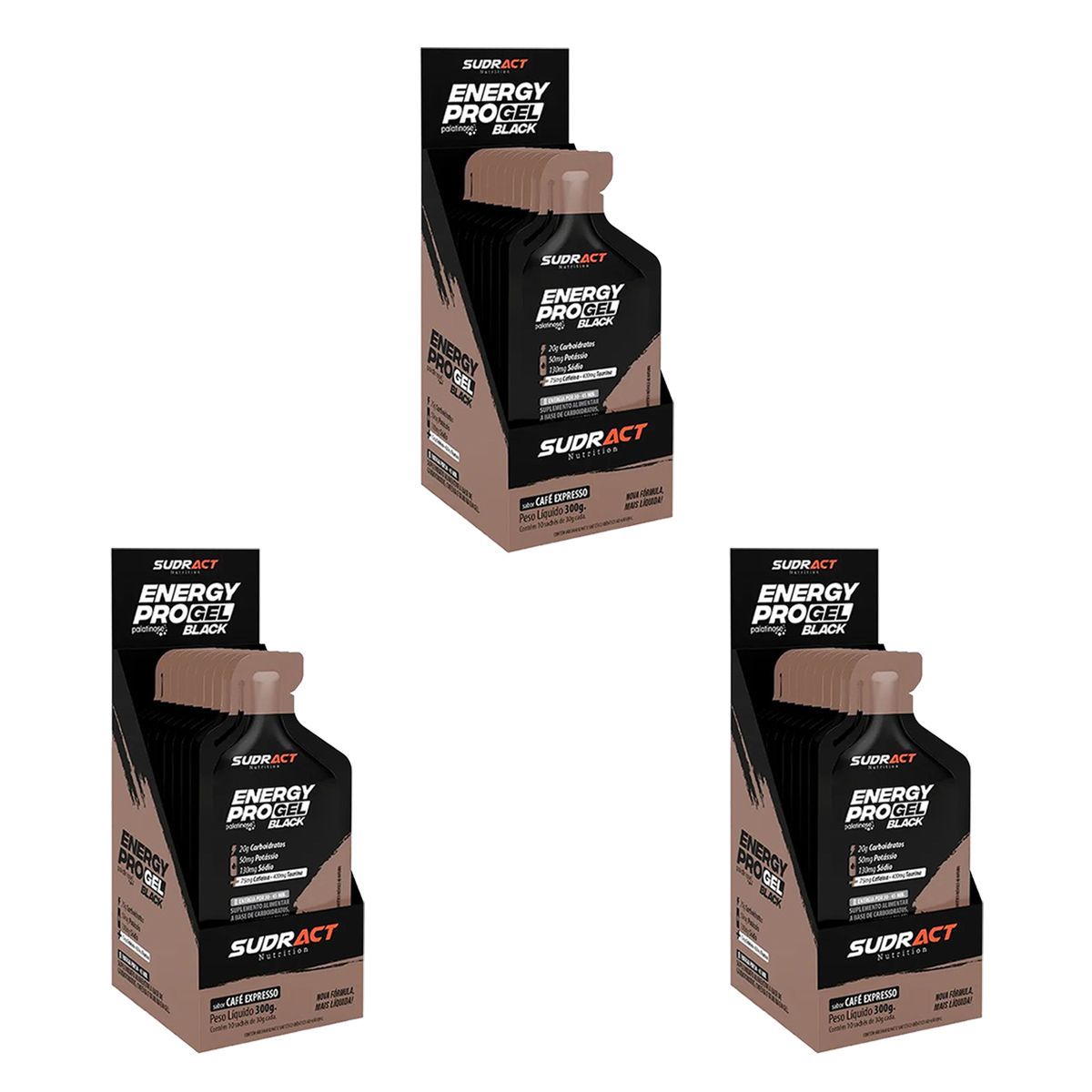 Kit 3X Energy Pro Gel Black - Caixa com 10 sach�s de 30g Caf� Expresso - Sudract Nutrition