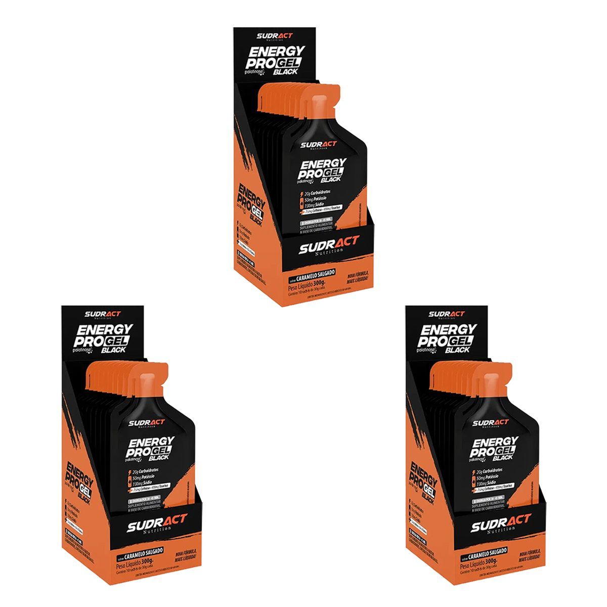 Kit 3X Energy Pro Gel Black - Caixa com 10 sach�s de 30g Caramelo Salgado - Sudract Nutrition