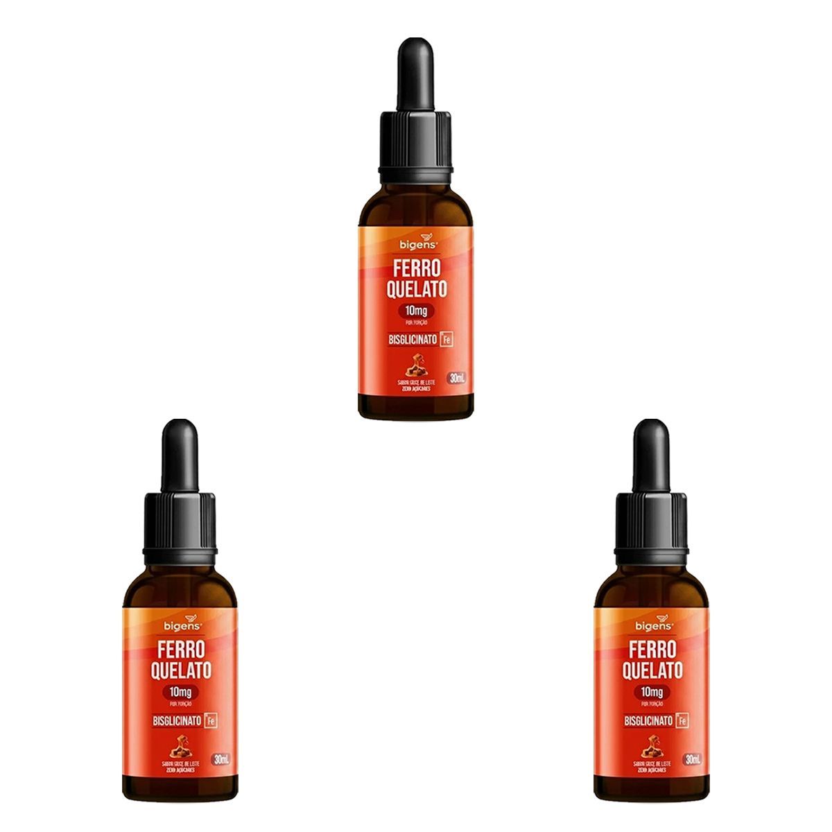 Kit 3X Ferro Quelato 10mg Gotas - 30ml Doce de Leite - Bigens