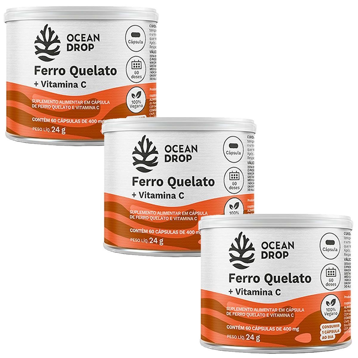 Kit 3X Ferro Quelato + Vitamina C - 60 C�psulas 400mg - Ocean Drop