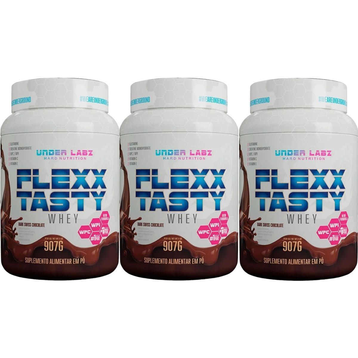 Kit 3X Flexx Tasty Whey 907g - Dark Swiss Chocolate - Under Labz