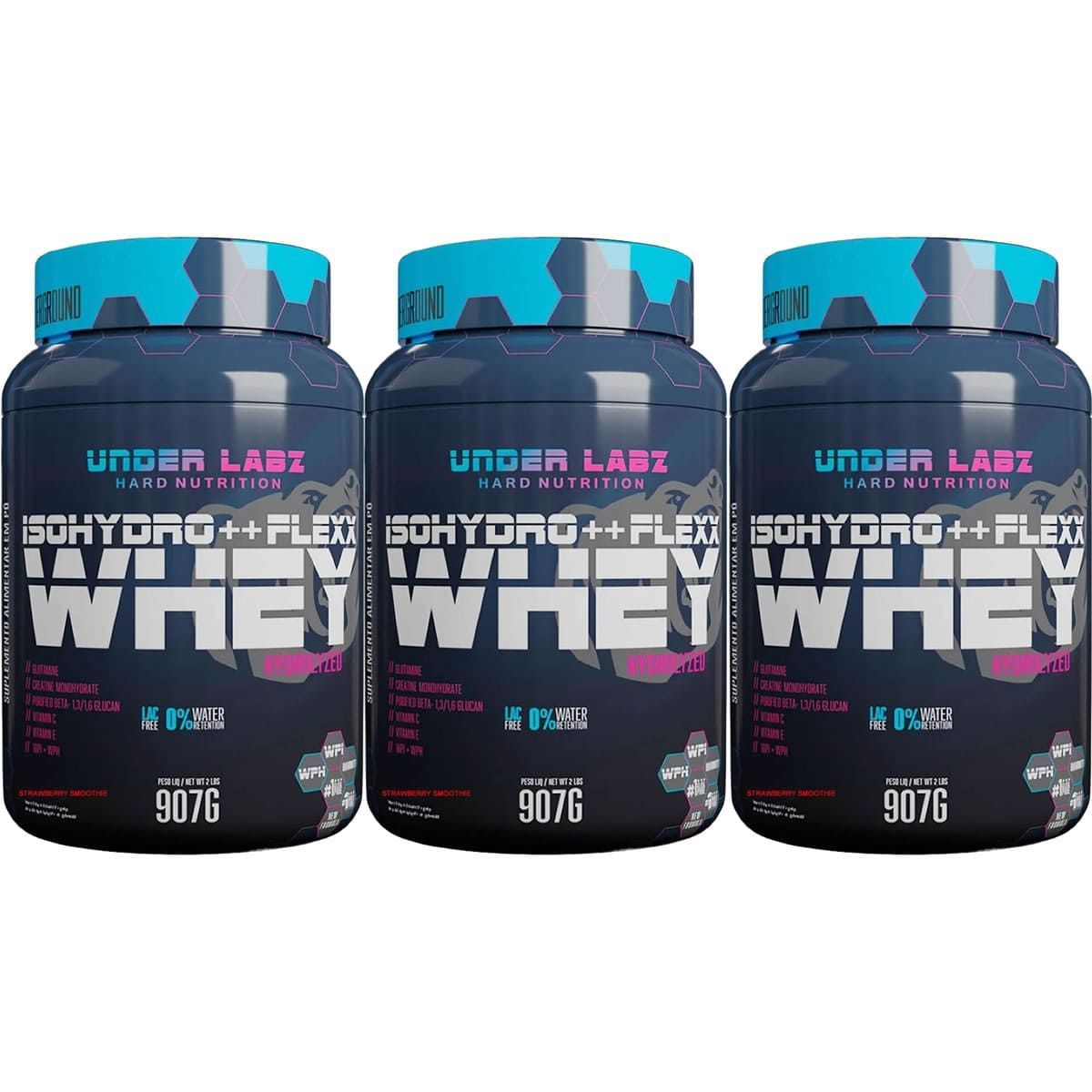 Kit 3X Flexx Whey Isohydro++ - 907g Strawberry Smoothie - Under Labz