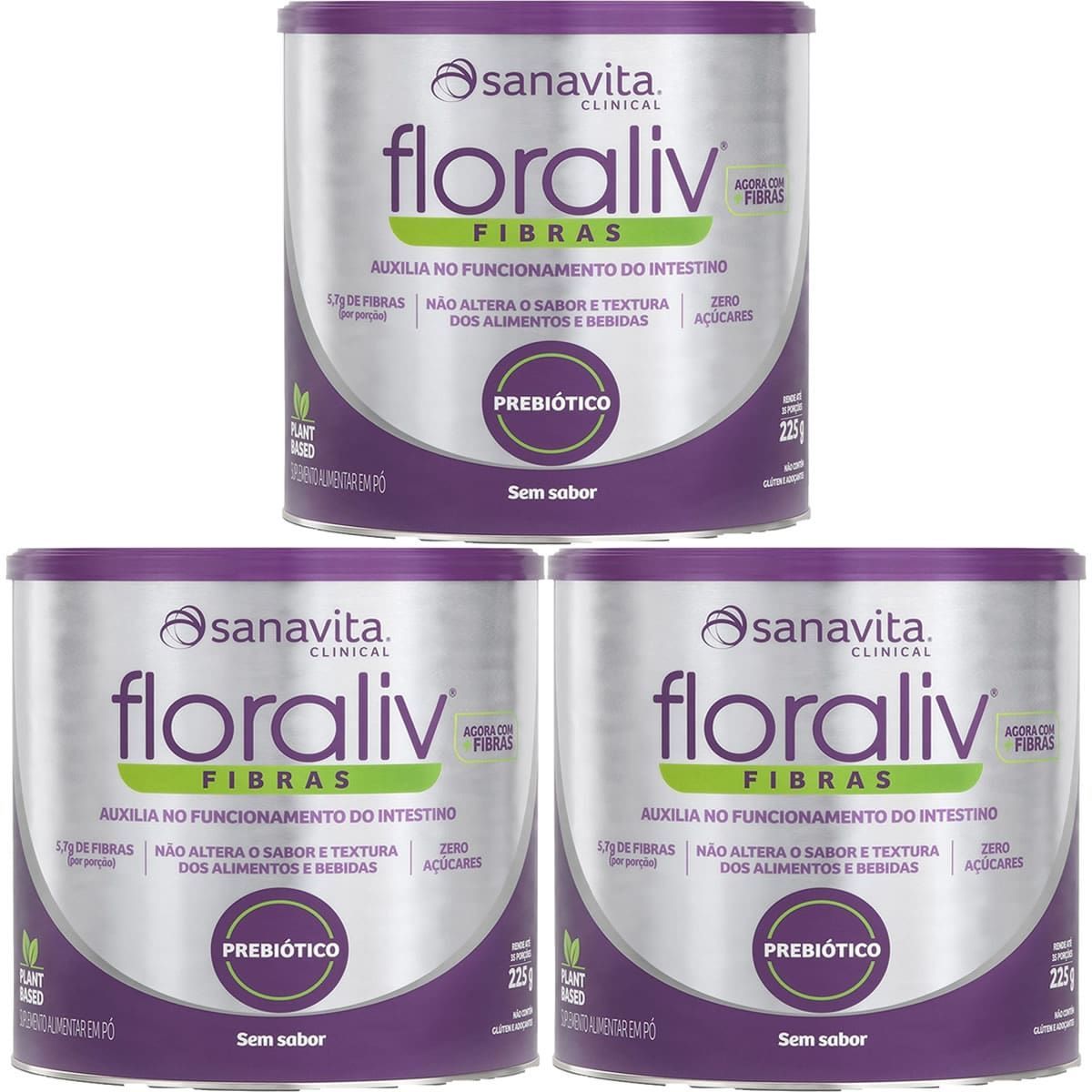 Kit 3X Floraliv Fibras - 225g Sem Sabor - Sanavita
