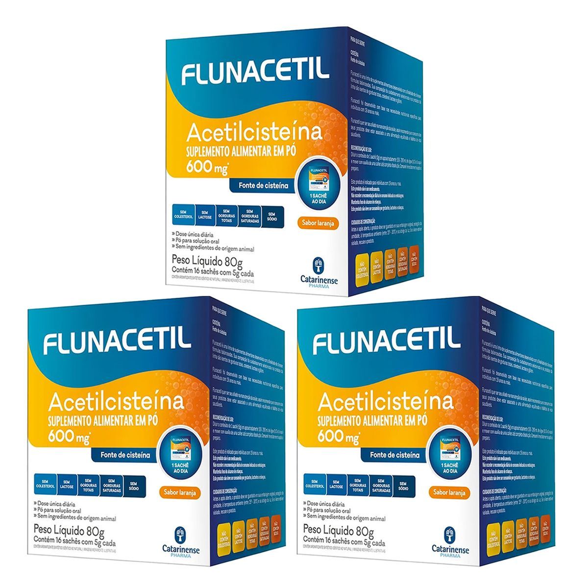 Kit 3X Flunacetil 600mg - 16 Sach�s 5g Laranja - Catarinense