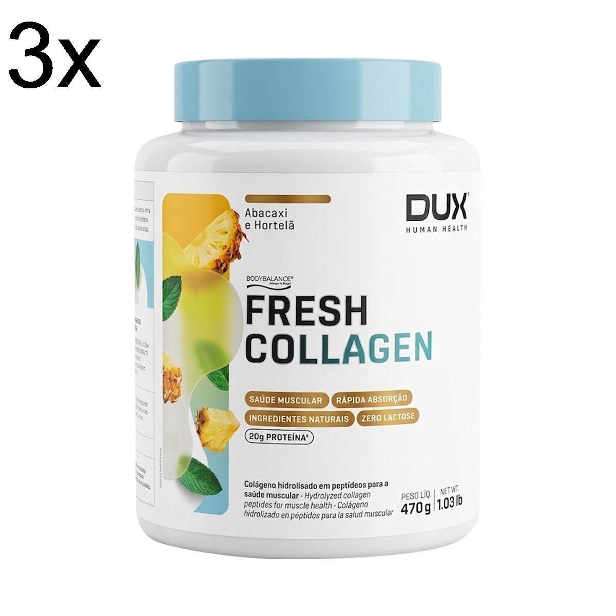 Kit 3X Fresh Collagen - 450g Abacaxi e Hortel� - Dux Nutrition