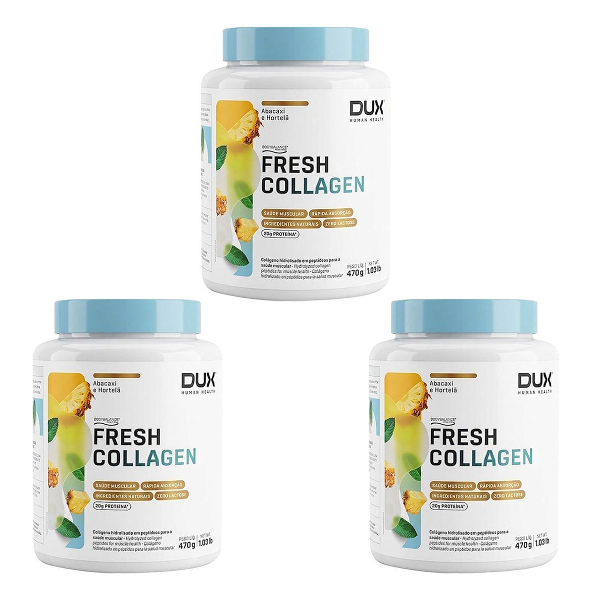 Kit 3X Fresh Collagen - 450g Abacaxi e Hortel� - Dux Nutrition