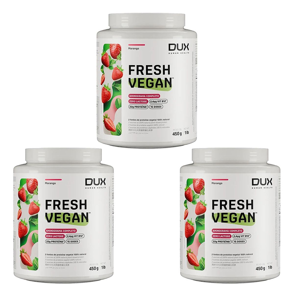 Kit 3X Fresh Vegan - 450g Morango - Dux Human Healt