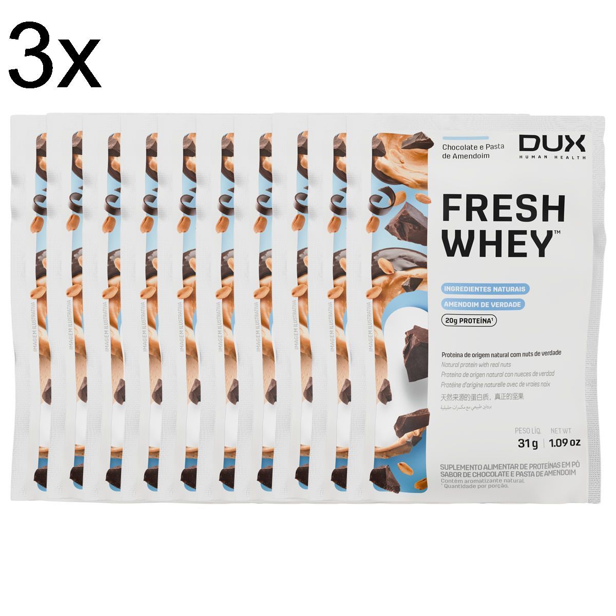 Kit 3X Fresh Whey - 10 Sach�s 31g Chocolate e Pasta de Amendoim - Dux Nutrition