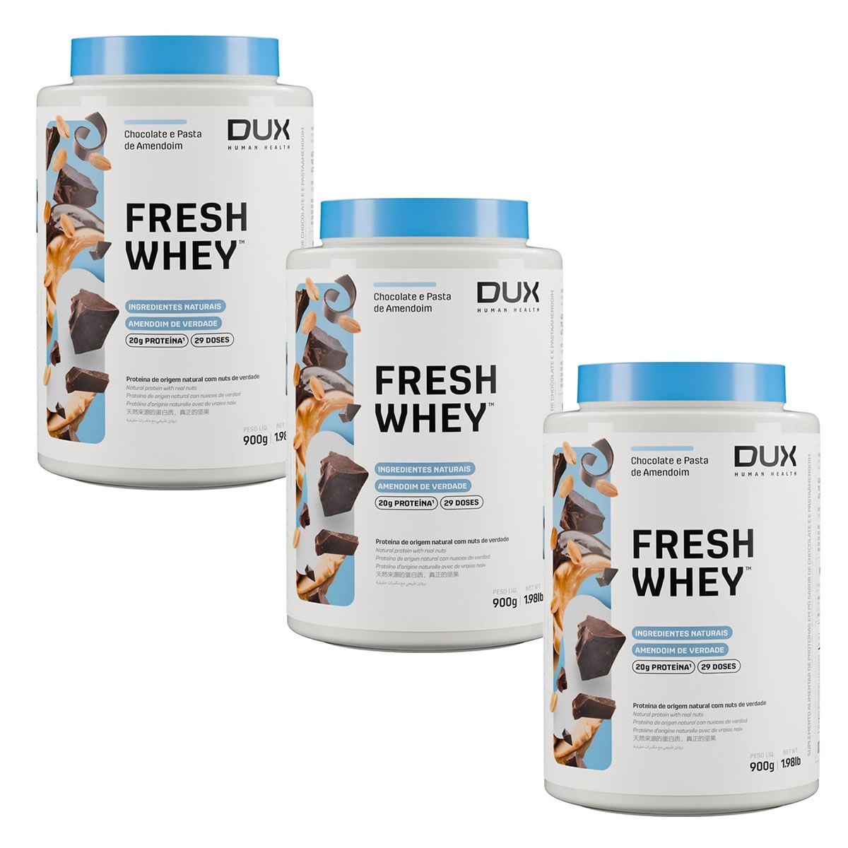 Kit 3X Fresh Whey - 900g  Chocolate e Pasta de Amendoim - Dux Nutrition