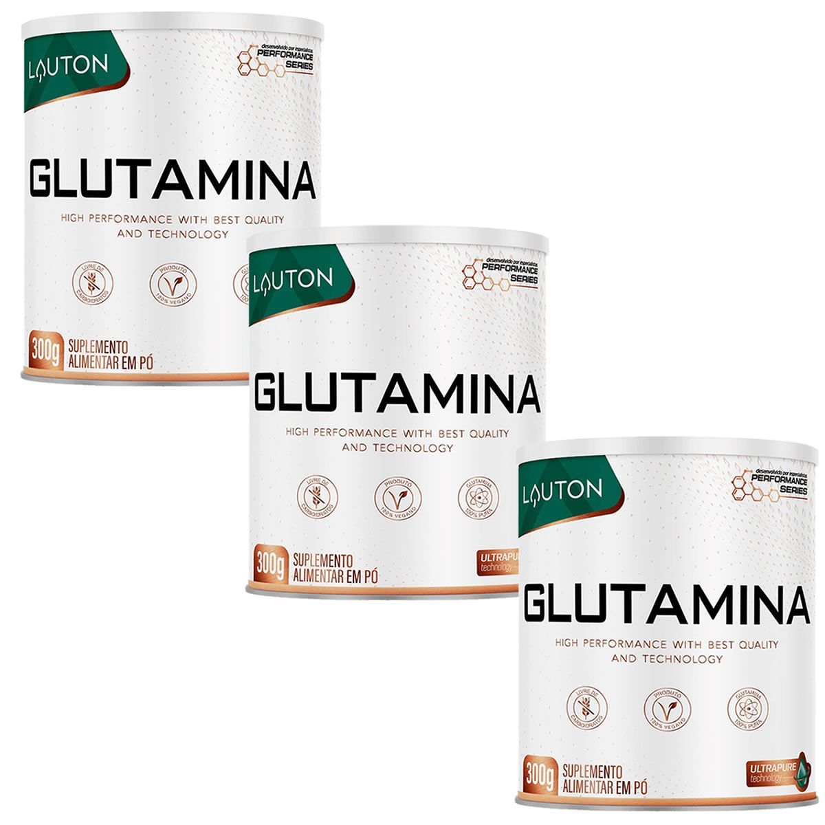 Kit 3X Glutamina Ultrapure - 300g Sem Sabor - Lauton Nutrition