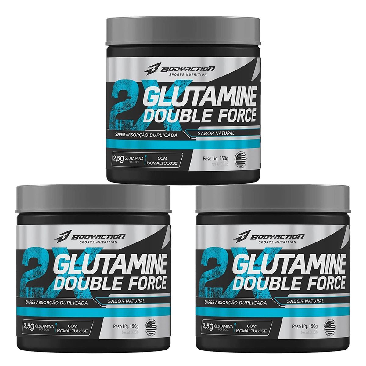 Kit 3X Glutamine Double Force - 150g Natural - BodyAction