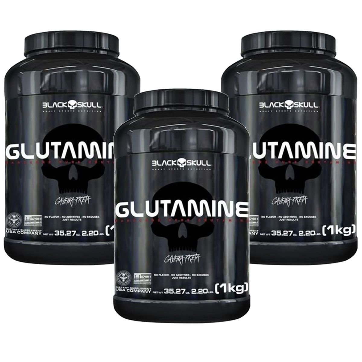 Kit 3X Glutamine - Sem Sabor 1000g - Black Skull