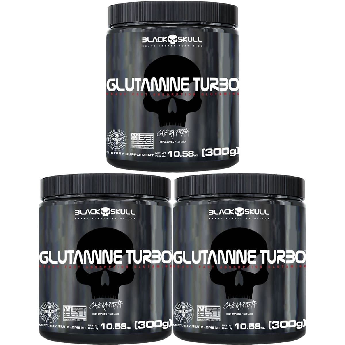 Kit 3X Glutamine Turbo - 300g Sem Sabor - Black Skull
