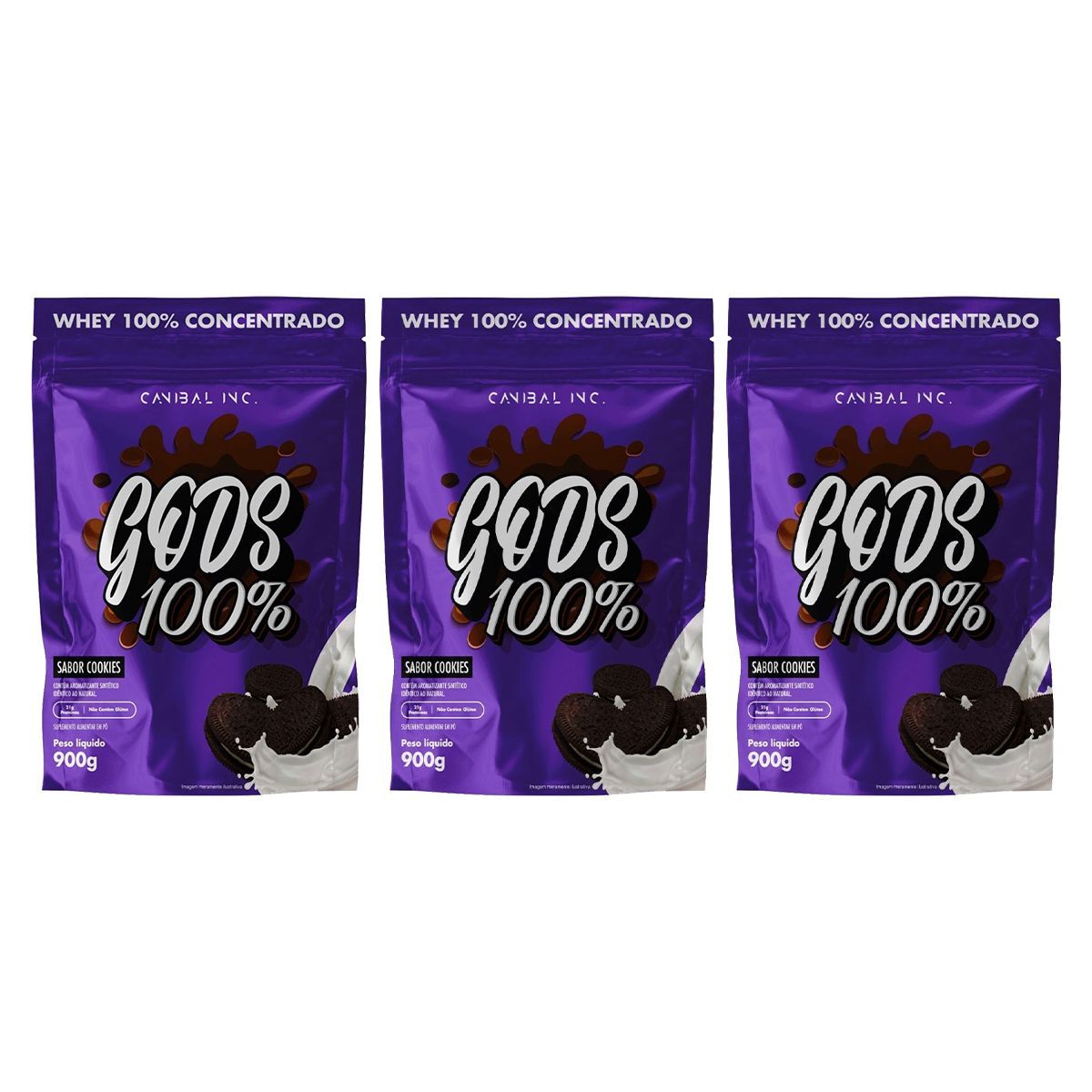Kit 3X Gods Whey 100% - 900g Refil Cookies - Canibal